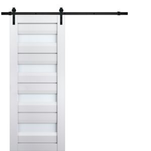 Sturdy Barn Door | Veregio 7455 White Silk with Frosted Glass | 6.6FT Rail Hangers Heavy Hardware Set | Solid Panel Interior Doors