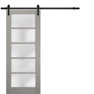 Sturdy Barn Door | Quadro 4002 Grey Ash with Frosted Glass | 6.6FT Rail Hangers Heavy Hardware Set | Solid Panel Interior Doors