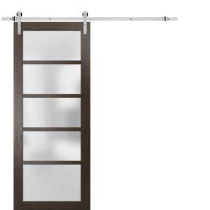 Sturdy Barn Door | Quadro 4002 Chocolate Ash with Frosted Glass | 6.6FT Silver Rail Hangers Heavy Hardware Set | Solid Panel Interior Doors