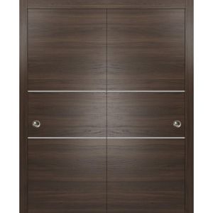 Sliding Closet Bypass Doors | Planum 0110 Chocolate Ash and Aluminum Strips | Sturdy Top Mount Rails Moldings Trims Hardware Set | Wood Solid Bedroom Wardrobe Doors