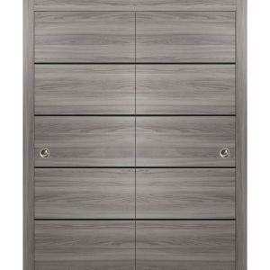 Sliding Closet Bypass Doors | Planum 0015 Ginger Ash and Aluminum Strips | Sturdy Top Mount Rails Moldings Trims Hardware Set | Wood Solid Bedroom Wardrobe Doors