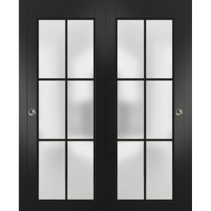 Sliding Closet Bypass Doors with Hardware | Planum 2122 Matte Black with Frosted Glass | Sturdy Rails Moldings Trims Hardware Set | Modern Wood Solid Bedroom Wardrobe Doors 