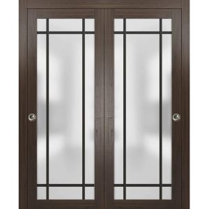 Sliding Closet Bypass Doors with Hardware | Planum 2112 Chocolate Ash with Frosted Glass | Sturdy Rails Moldings Trims Hardware Set | Modern Wood Solid Bedroom Wardrobe Doors