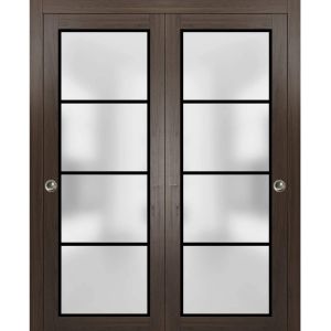 Sliding Closet Bypass Doors with Hardware | Planum 2132 Chocolate Ash with Frosted Glass | Sturdy Rails Moldings Trims Hardware Set | Modern Wood Solid Bedroom Wardrobe Doors