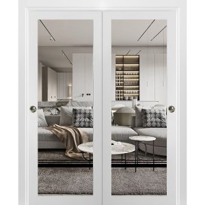 Sliding Closet Bypass Doors with | Lucia 2666 White Silk with Clear Glass | Sturdy Rails Moldings Trims Hardware Set | Wood Solid Bedroom Wardrobe Doors