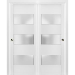 Sliding Closet 3 Lites Bypass Doors | Lucia 4070 White Silk with Frosted Glass | Sturdy Rails Moldings Trims Hardware Set | Wood Solid Bedroom Wardrobe Doors 