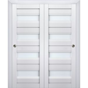 Sliding Closet Bypass Doors | Veregio 7455 White Silk with Frosted Glass | Sturdy Rails Moldings Trims Hardware Set | Wood Solid Bedroom Wardrobe Doors 