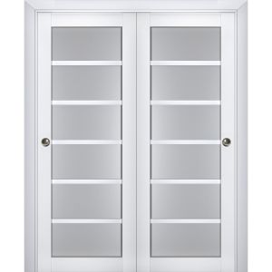 Sliding Closet Bypass Doors | Veregio 7602 White Silk with Frosted Glass | Sturdy Rails Moldings Trims Hardware Set | Wood Solid Bedroom Wardrobe Doors 