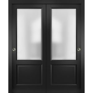 Sliding Closet Bypass Doors | Lucia 22 Matte Black with Frosted Glass | Sturdy Rails Moldings Trims Hardware Set | Wood Solid Bedroom Wardrobe Doors 