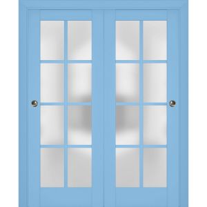 Sliding Closet Bypass Doors | Veregio 7412 Aquamarine with Frosted Glass | Sturdy Rails Moldings Trims Hardware Set | Wood Solid Bedroom Wardrobe Doors 
