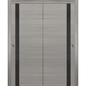 Sliding Closet Bypass Doors | Planum 0040 Grey Ash with Black Glass | Sturdy Rails Moldings Trims Hardware Set | Wood Solid Bedroom Wardrobe Doors 