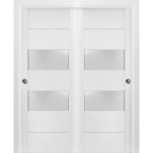 Sliding Closet 2 lites Bypass Doors | Lucia 4010 White Silk with Frosted Glass | Sturdy Rails Moldings Trims Hardware Set | Wood Solid Bedroom Wardrobe Doors 