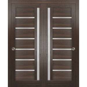 Sliding Closet Bypass Doors | Quadro 4088 Chocolate Ash with Frosted Glass | Sturdy Rails Moldings Trims Hardware Set | Wood Solid Bedroom Wardrobe Doors 