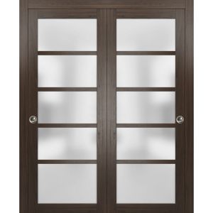 Sliding Closet Bypass Doors | Quadro 4002 Chocolate Ash with Frosted Glass | Sturdy Rails Moldings Trims Hardware Set | Wood Solid Bedroom Wardrobe Doors 