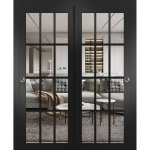 Sliding Closet Bypass Doors | Felicia 3355 Matte Black with Clear Glass | Sturdy Rails Moldings Trims Hardware Set | Wood Solid Bedroom Wardrobe Doors -36" x 80" (2* 18x80)