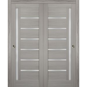 Sliding Closet Bypass Doors | Quadro 4088 Grey Ash with Frosted Glass | Sturdy Rails Moldings Trims Hardware Set | Wood Solid Bedroom Wardrobe Doors 