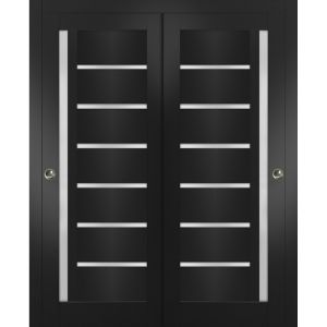 Sliding Closet Bypass Doors | Quadro 4088 Matte Black with Frosted Glass | Sturdy Rails Moldings Trims Hardware Set | Wood Solid Bedroom Wardrobe Doors 