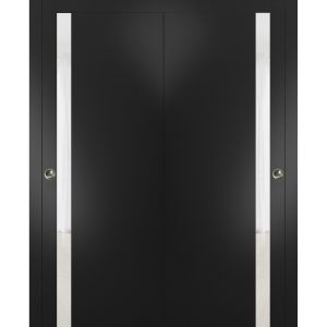 Sliding Closet Bypass Doors | Planum 0040 Matte Black with White Glass | Sturdy Rails Moldings Trims Hardware Set | Wood Solid Bedroom Wardrobe Doors 