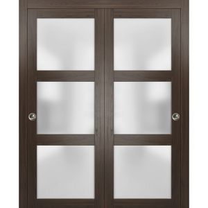 Sliding Closet Bypass Doors | Lucia 2552 Chocolate Ash with Frosted Glass | Sturdy Rails Moldings Trims Hardware Set | Wood Solid Bedroom Wardrobe Doors 