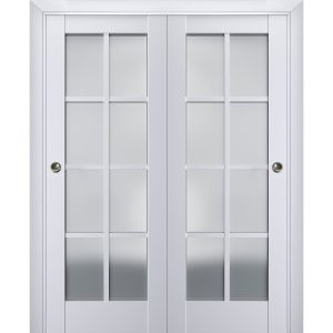 Sliding Closet Bypass Doors | Veregio 7412 White Silk with Frosted Glass | Sturdy Rails Moldings Trims Hardware Set | Wood Solid Bedroom Wardrobe Doors 