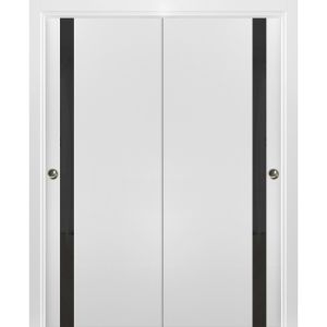 Sliding Closet Bypass Doors | Planum 0040 White Silk with Black Glass | Sturdy Rails Moldings Trims Hardware Set | Wood Solid Bedroom Wardrobe Doors 