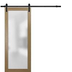 Sturdy Barn Door Frosted Tempered Glass | Planum 2102 Honey Ash with Frosted Glass | 6.6FT Black Rail Hangers Heavy Hardware Set | Modern Solid Panel Interior Doors