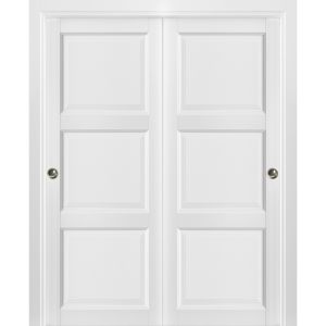 Sliding Closet Bypass Doors with hardware | Lucia 2661 White Silk | Sturdy Rails Moldings Trims Hardware Set | Pantry Kitchen 3-Panels Wooden Solid Bedroom Wardrobe Doors 