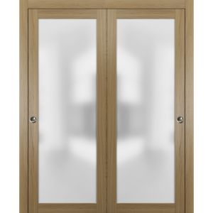 Sliding Closet Bypass Doors with Hardware | Planum 2102 Honey Ash with Frosted Glass | Sturdy Rails Moldings Trims Hardware Set | Modern Wood Solid Bedroom Wardrobe Doors 