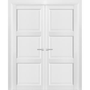 French Double Panel Solid Doors with Hardware | Lucia 2661 White Silk | Panel Frame Trims | Bathroom Bedroom Interior Sturdy Door 