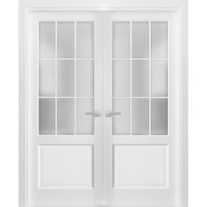 Solid French Double Doors 9 Lites | Felicia 3309 Matte White with Frosted Glass | Single Regural Panel Frame Trims | Bathroom Bedroom Sturdy Doors 