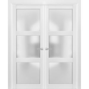French Double Panel Lite Doors with Hardware | Lucia 2552 White Silk with Frosted Glass | Panel Frame Trims | Bathroom Bedroom Interior Sturdy Door 