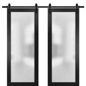 Sturdy Double Barn Door | Planum 2102 Matte Black with Frosted Glass | 13FT Rail Hangers Heavy Set | Modern Solid Panel Interior Doors