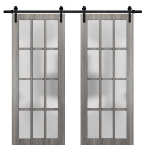 Sturdy Double Barn Door 12 Lites | Felicia 3312 Ginger Ash Grey with Frosted Glass | 13FT Rail Hangers Heavy Set | Solid Panel Interior Doors