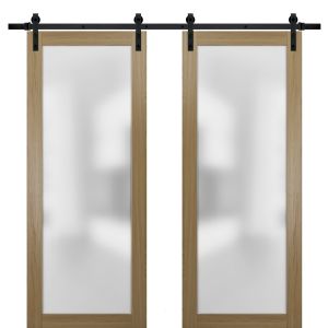 Sturdy Double Barn Door | Planum 2102 Honey Ash with Frosted Glass | 13FT Rail Hangers Heavy Set | Modern Solid Panel Interior Doors