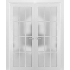 Solid French Double Frosted Glass Doors 12 Lites | Felicia 3312 White Silk | Single Regural Panel Frame Trims | Bathroom Bedroom Sturdy Doors -36" x 80" (2* 18x80)