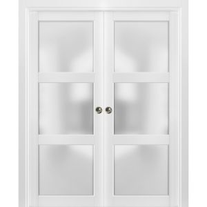 French Double Pocket Doors | Lucia 2552 White Silk with Frosted Glass | Kit Trims Rail Hardware | Solid Wood Interior Pantry Kitchen Bedroom Sliding Closet Sturdy Door 