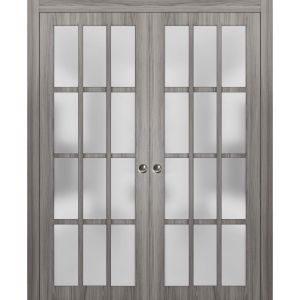 Sliding French Double Pocket Doors Frosted Glass 12 Lites | Felicia 3312 Ginger Ash Grey| Kit Trims Rail Hardware | Solid Wood Interior Bedroom Sturdy Doors -36" x 80" (2* 18x80)