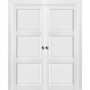 French Double Pocket Doors | Lucia 2661 White Silk | Kit Trims Rail Hardware | Solid Wood Interior Pantry Kitchen Bedroom Sliding Closet Sturdy Door 