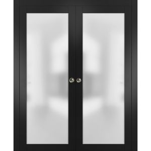Sliding Double Pocket Door Frosted Tempered Glass | Planum 2102 Black Matte with Frosted Glass | Kit Trims Rail Hardware | Solid Wood Interior Bedroom Bathroom Closet Sturdy Doors 