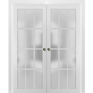 Sliding French Double Pocket Doors Frosted Glass 12 Lites | Felicia 3312 White Matte | Kit Trims Rail Hardware | Solid Wood Interior Bedroom Sturdy Doors -36" x 80" (2* 18x80)