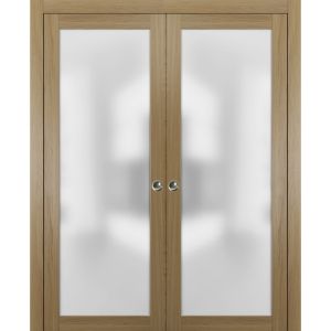 Sliding Double Pocket Door Frosted Tempered Glass | Planum 2102 Honey Ash with Frosted Glass | Kit Trims Rail Hardware | Solid Wood Interior Bedroom Bathroom Closet Sturdy Doors