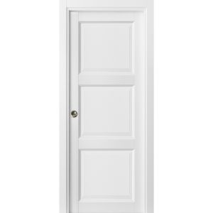 3 Panel Pocket Door | Lucia 2661 White Silk | Kit Trims Rail Hardware | Solid Wood Interior Pantry Kitchen Bedroom Sliding Closet Sturdy Doors 