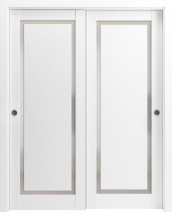 Sliding Closet Bypass Doors | Planum 0888 Painted White with Frosted Glass | Sturdy Rails Moldings Trims Hardware Set | Wood Solid Bedroom Wardrobe Doors-36" x 80" (2* 18x80)