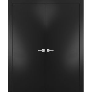 Solid French Double Doors | Planum 0010 Matte Black | Wood Solid Panel Frame Trims | Closet Bedroom