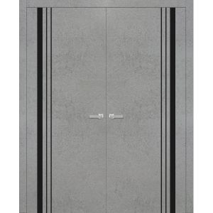 Planum Solid French Double Doors | Planum 0011 Concrete | Wood Solid Panel Frame Trims | Closet Bedroom Sturdy Doors 