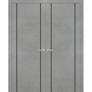 Solid French Double Doors | Planum 0017 Concrete | Wood Solid Panel Frame Trims | Closet Bedroom Sturdy Doors -36" x 80" (2* 18x80)