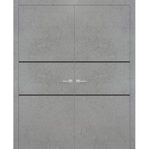 Planum Solid French Double Doors | Planum 0014 Concrete | Wood Solid Panel Frame Trims | Closet Bedroom Sturdy Doors 