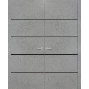 Planum Solid French Double Doors | Planum 0015 Concrete | Wood Solid Panel Frame Trims | Closet Bedroom Sturdy Doors 