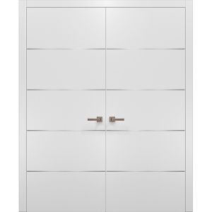 Planum 0020 Interior Double Pre-hung Closet Doors White Silk with Trims Frame Handles