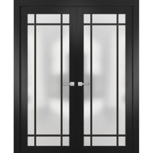 Solid French Double Doors | Planum 2112 Matte Black with Frosted Glass | Wood Solid Panel Frame Trims | Closet Bedroom Sturdy Doors